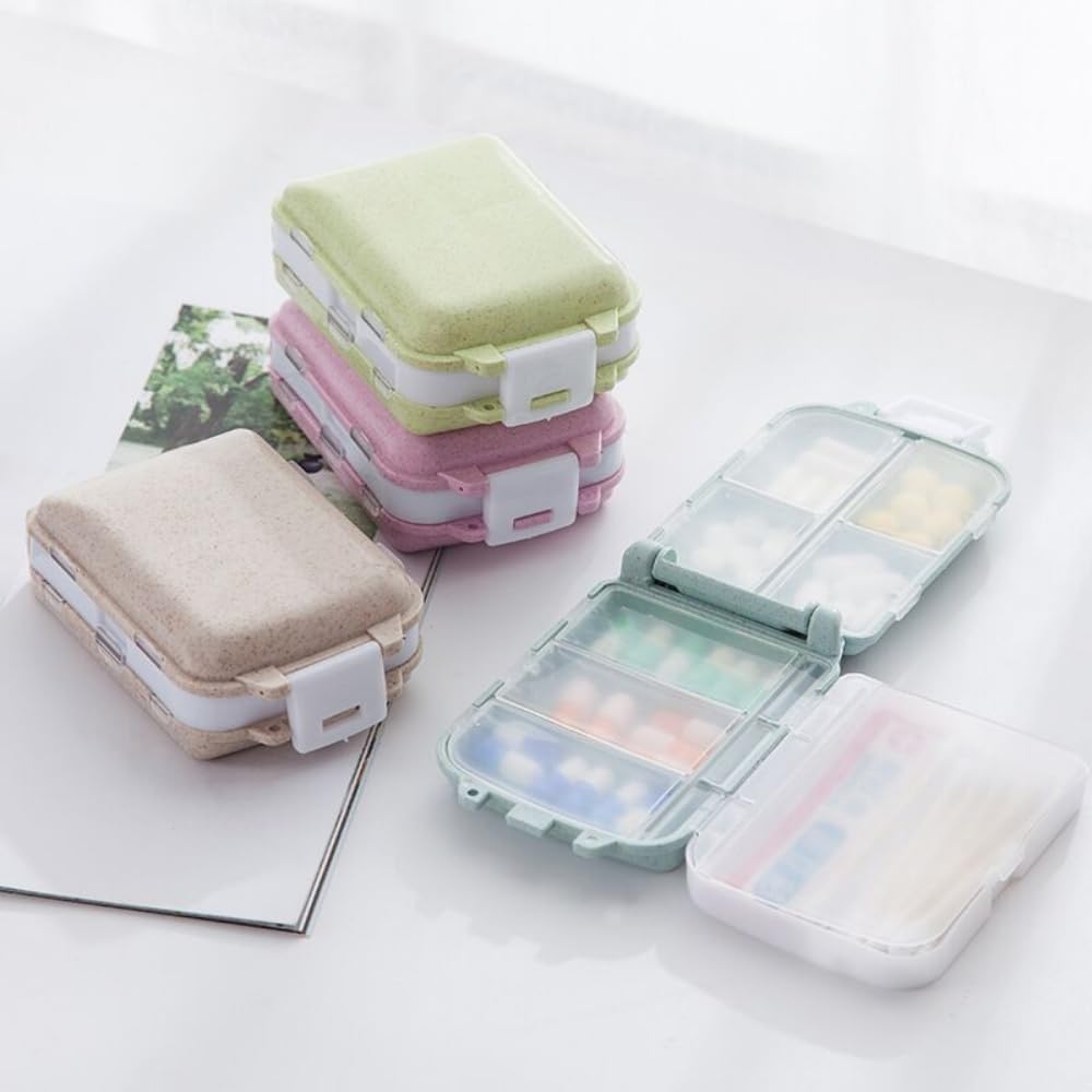 Eco-Friendly 3-Layer Leak-Proof Pill Organizer with 8 Compartments, Portable Travel Medicine Container Made of Wheat Straw + PP Material