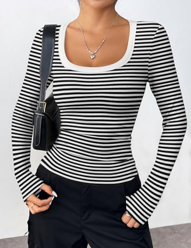 Zeagoo Women's Long Sleeve Scoop Neck Shirts Casual Slim Fit Rib Knit Tops Summer Fall Basic Business Work Tee