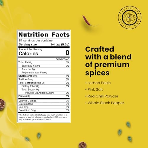 Pride of India Lemon Chili Pepper Seasoning | Spicy Lemon Seasoning & Citrus Spice for Chicken | Non-Bioengineered, Vegan, Gluten-Free | Dual Sifter Bottle 2.3 oz (65 gm)
