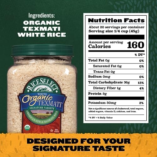 RiceSelect Organic Texmati White Basmati Rice, Premium Non-GMO Gluten-Free Long-Grain White Rice, 32-Ounce Jar