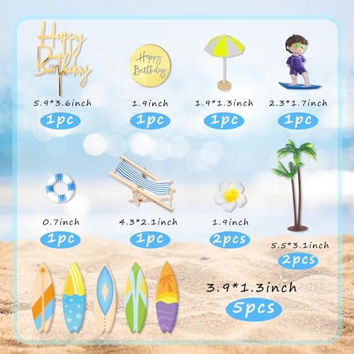 Beach Summer Cake Decoration Surfboard Palm Model Cake Decorations with Hibiscus Flower Cake Toppers for Swimming Beach Birthday Themed (Surfboard)
