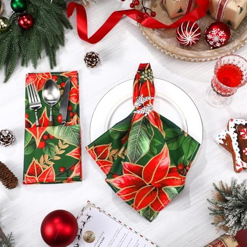 Qeeenar 12 Pcs Christmas Poinsettia Cloth Napkin 20 x 20 Inch Poinsettia Cloth Napkins Washable Dinner Guest Napkins for Christmas Holiday Xmas Thanksgiving Dinner Party Supplies, Set of 12
