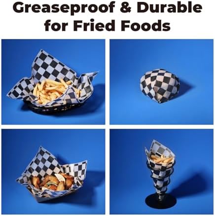 Fit Meal Prep 250 Sheets 12x12" Deli Paper, Black and White Checkered, Grease-Proof Wax Paper for Food Basket, Picnic, Burgers