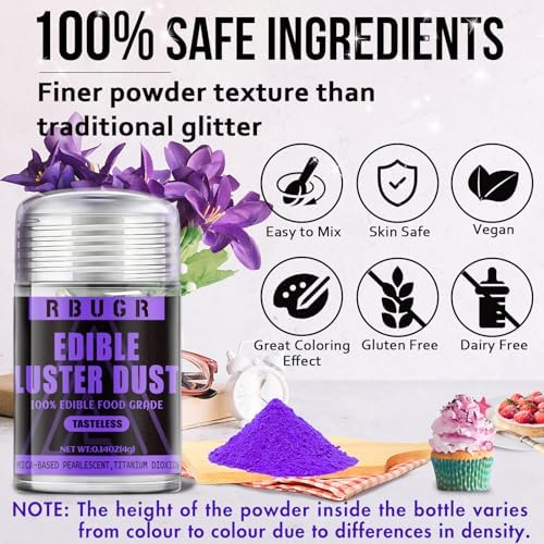 RBUGR Luster Dust Edible, 12 Colors Edible Glitter Pack, Cocktail Food Glitter Edible Dust, Vegan Edible Shimmer, Drink Powder for Cakes Cookies Chocolates Baking（4g/0.14oz）