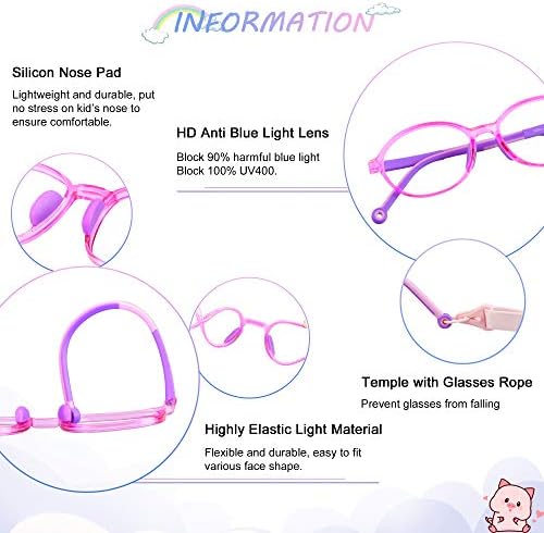 2 Pack Kids Blue Light Blocking Glasses, Computer Glasses with Rope, Anti Blurry and Eyestrain, Cut UV400 Anti Glare for Children Age 3-12 (Black Red, Purple)