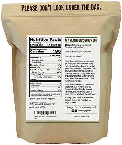 Anthony's Organic Split Yellow Mung Bean, 2 lb, Moong Dal, Gluten Free, Non GMO, Vegan