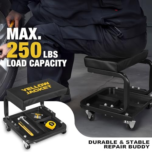 YELLOW JACKET Mechanic Rolling Stool 250 Lbs Capacity, Garage Stool on Wheels with Tool Tray Storage, Work Stools with Wheels for Garage, Shop, Mechanic Chair with Wheels, Auto Repair