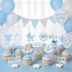 Welcome Baby Boy Cupcake Toppers - 36 Pcs Blue Baby Shower Cupcake Decorations for Boy, Gender Reveal Party Supplies, Little Bear Rocket Robot Baseball Baby Boy First Birthday Party Favors