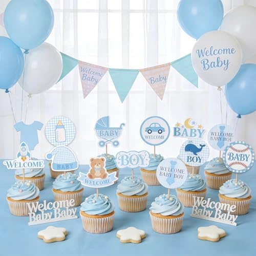 Welcome Baby Boy Cupcake Toppers - 36 Pcs Blue Baby Shower Cupcake Decorations for Boy, Gender Reveal Party Supplies, Little Bear Rocket Robot Baseball Baby Boy First Birthday Party Favors
