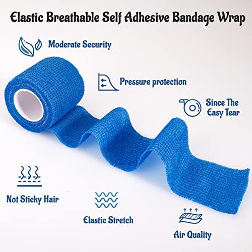24 Pack Self Adhesive Cohesive Bandage Wrap, 2” x 5 Yards Blue Athletic Tape Pre Wrap Elastic Medical Tape Non Woven Bandage Rolls Vet Wrap for First Aid Medical, Sports, Knee, Ankle, Wrist Sprains