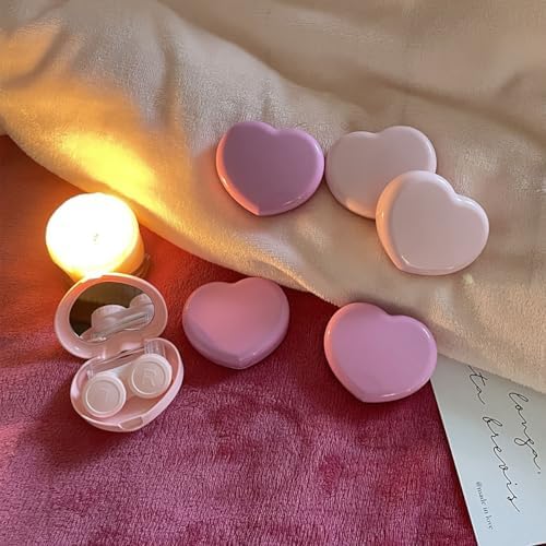 4 Packs Heart Shape Contact Lens Cases, Travel Eye Contacts Case Box Holder, Portable Contact Lenses Tweezers Remover Tool Solution Bottle Kit for Daily Outdoor Traveling (Dark Pink)