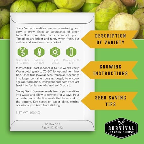 Toma Verde Tomatillo Seeds for Planting - Heirloom Mexican Green Husk Tomato, High Yield Non-GMO Variety for Salsa Verde and Authentic Mexican Cooking - Survival Garden Seeds (1 Pack)