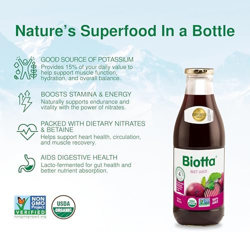 Biotta Organic Beet Juice - 100% Natural Beetroot Superfood - Helps Support Blood Pressure, Brain, Stamina & Energy - Natural Nitric Oxide & Potassium Booster - Gluten Free (32 Fl Oz, Pk of 4)