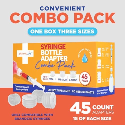 Medicine Bottle Syringe Adapter For Oral Dispensers 45 Pieces 3 Sizes (15 each size) | Press In Bottle Adapter for Liquid Medication | Only Fits Brandzig 1ml, 3ml, 5ml & 10ml Syringes