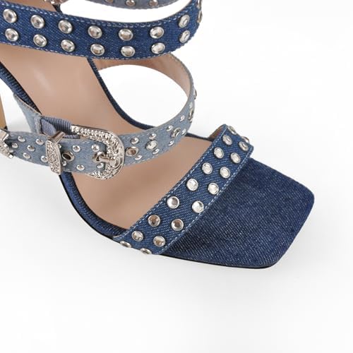 VERISSON Square Toe Rhinestone Stiletto High Heel Sandal Boots for Women – 11 cm Crystal Stiletto Heels Rivet Studded Buckle Bands, Summer Sandals with Backside Zipper Design