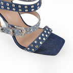 VERISSON Square Toe Rhinestone Stiletto High Heel Sandal Boots for Women – 11 cm Crystal Stiletto Heels Rivet Studded Buckle Bands, Summer Sandals with Backside Zipper Design