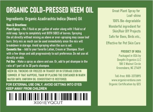Verdana Organic Neem Oil – Cold Pressed, 100% Pure Neem Seed Oil, Concentrated Multi-Purpose Oil for Skin, Hair & Plant Use, No Additives - 16 Fl Oz