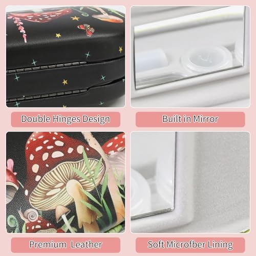 2 in 1 Contact Lens Case and Eyeglasses Case for Women Men Kids, Double Sided Hard Shell Portable Glasses Travel Holder with Built-in Mirror, Contact Lens Box Storage Kit (Black Mushroom)