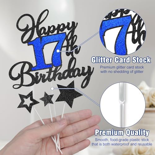 17th Birthday Cake Topper, Black Blue Happy 17th Birthday Cake Toppers for Boy Girl, 17 Years Old Birthday Party Supplies, Glitter Cake Decor, 17th Birthday Cake Decorations