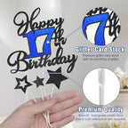 17th Birthday Cake Topper, Black Blue Happy 17th Birthday Cake Toppers for Boy Girl, 17 Years Old Birthday Party Supplies, Glitter Cake Decor, 17th Birthday Cake Decorations