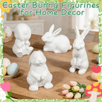 Wowagoga 4 Pcs Easter Bunny Figurines Decor, White Mini Resin Rabbit Figurines, Spring Decorations for Home Living Room Bedroom Office Desktop, Tabletop Mantel Shelf Party Decor Ornaments Gifts