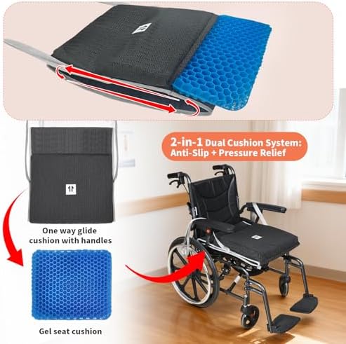 One Way Glide Cushion with Handles & Gel Wheelchair Seat Cushion Set – Anti-Slip Transfer Pad + Pressure Relief Gel Seat for Elderly, Patients, and Long Sitting Comfort