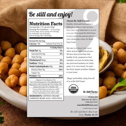 Be Still Farms Organic Chickpeas Garbanzo Beans Dry 4.8 lb - Dried Chick Peas - Great Protein for Tofu, Tahini - Similar to Soy Beans | USDA Certified | Vegan | Non-GMO | Gluten Free