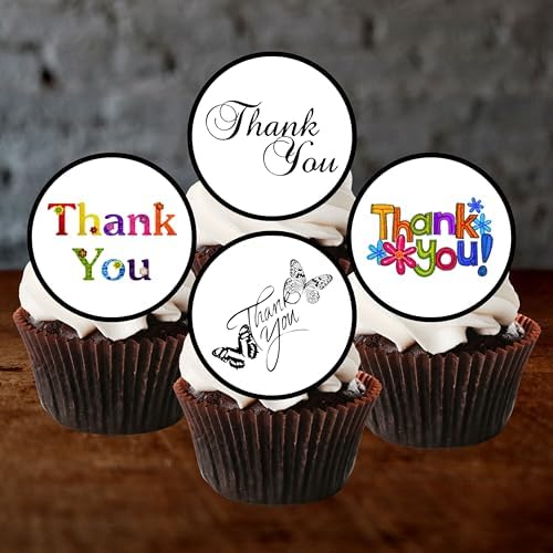 PRECUT Thank You Cupcake Toppers Theme 1, Edible Thank You Cake Decorations, Thanks Cake Toppers Edible, Thanks Birthday Decoration, 24 x 4cm / 1.5 inch
