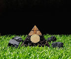 Combo of Black Tourmaline Orgone Crystal Pyramid with Flower of Life Symbol & 4 Pieces of Black Tourmaline Natural Raw Rough Stone for Positive Energy Generator, Reiki Chakra Healing Yoga
