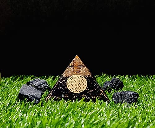 Combo of Black Tourmaline Orgone Crystal Pyramid with Flower of Life Symbol & 4 Pieces of Black Tourmaline Natural Raw Rough Stone for Positive Energy Generator, Reiki Chakra Healing Yoga