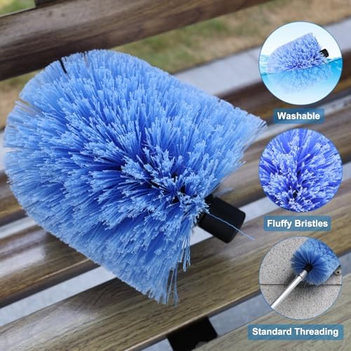 2 Pack Twist-On Cobweb Duster Head, Fits Standard 3/4 inch Threaded Poles, Spider Web Duster Brush for Outdoor & Indoor Cleaning (Blue)