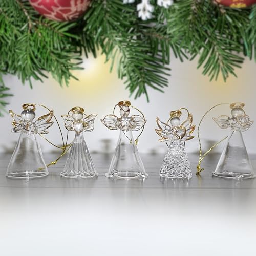 4E's Novelty Glass Angel Ornaments for Christmas Tree (Set of 12) - 2.5" Mini in 6 Unique Design, Crystal Spun Glass Angel Ornaments for Christmas Tree,