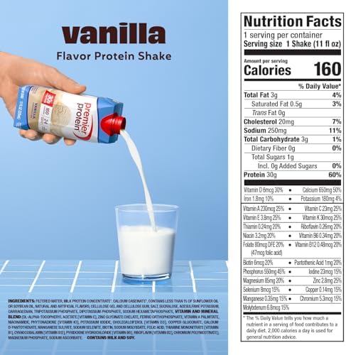 Premier Protein Shake, Vanilla, 30g Protein, No Added Sugar, 24 Vitamins & Minerals to Support Immune Health, 11 fl oz, 12 Pack