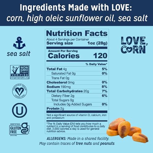 LOVE CORN Sea Salt | Delicious Crunchy Corn Natural Snack | 4 Ounce x 1 Bag | Non-GMO, Low-Sugar, Gluten-Free, Plant Based, Vegan, Low Sugar