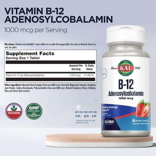 KAL Vitamin B12 Adenosylcobalamin 1000 mcg - B 12 Vitamin, Active B-12 1000mcg for Women & Men, Energy Support - Strawberry Flavor - 90 ActiveMelt Micro Tablets