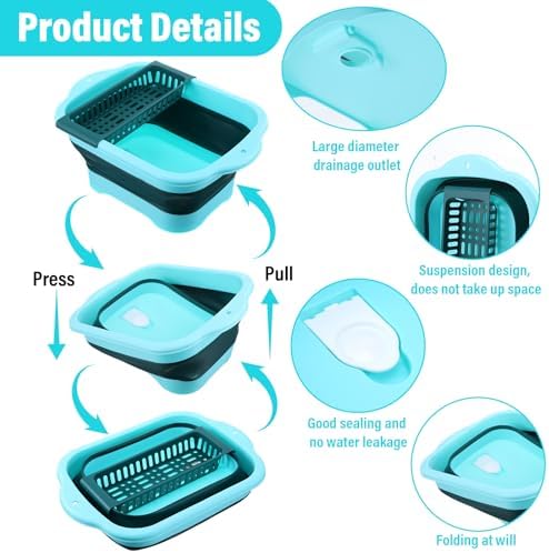 Kifmurase 2PCS 2.91 Gallon(11L) Collapsible Dish Basin with Drain Plug, Multiuse Portable Bucket with Sink for Kitchen, RV, Outdoor Camping, Space Saving Foldable Storage Tray Sink Tub Dishpan