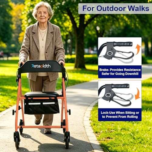 Foldable Rollator Walker with Seat for Seniors, Easy Folding & One-Hand Carry, Walkers for Seniors-All-Terrain Wheels, Height Adjustable Lightweight Rolling Walker for Elderly, Orange