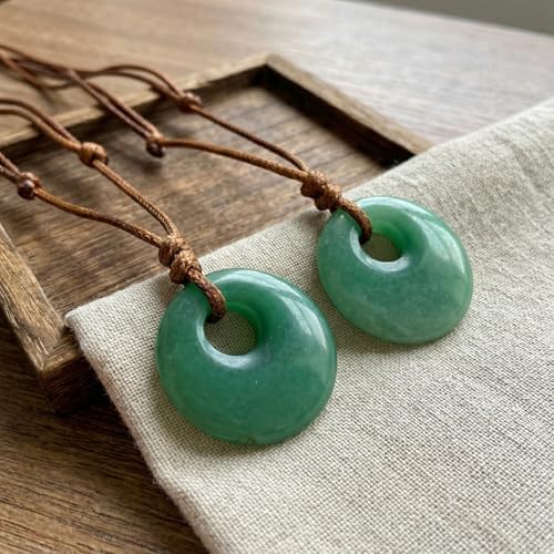 Green Jade Necklace, Natural Gemstone Lucky Coin Pendant Necklace for Women Men, Charm Donut Crystal Amulet Necklace