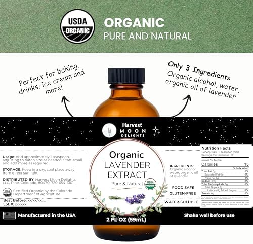 Organic Lavender Extract for Baking, Ice Cream, Drinks, and Candy - 2 oz - By Harvest Moon Delights - Food Grade - Lavender Flavoring for Drinks