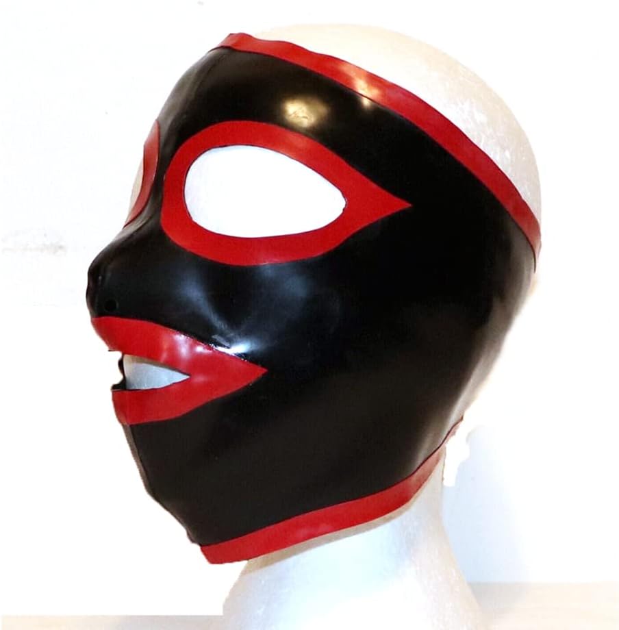 EXLATEX Latex Hood Mask for Women Rubber Pull on Black latex mask hood with Red Trim 0.6mm Latex Mask