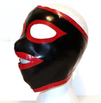 EXLATEX Latex Hood Mask for Women Rubber Pull on Black latex mask hood with Red Trim 0.6mm Latex Mask