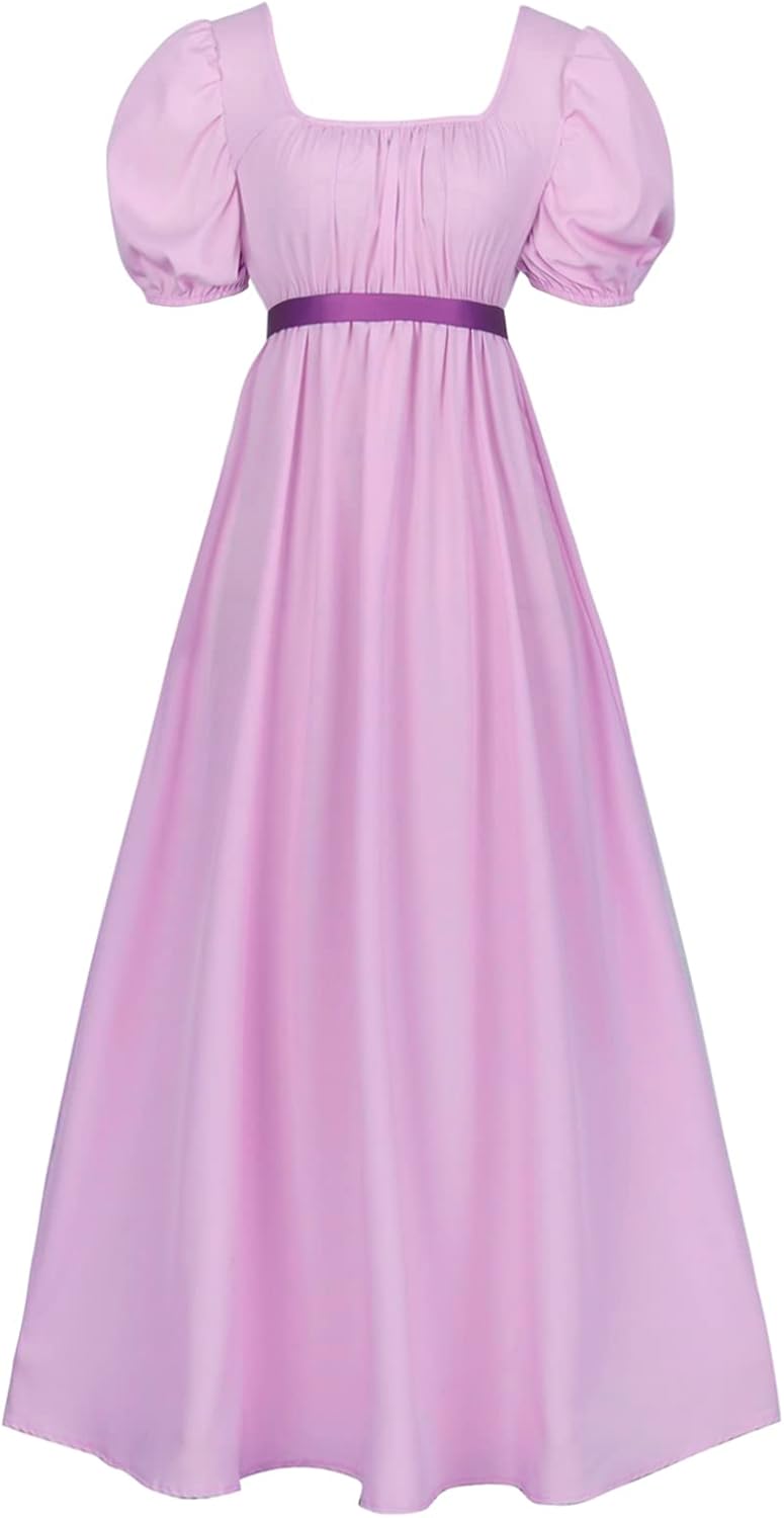 Regency Dresses for Women with Satin Sash Ruffled Puff Sleeve Empire Waist Dress Gown