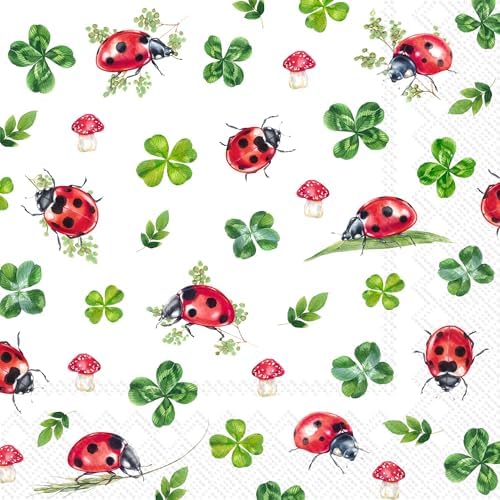 IHR Ideal Home Range Party Napkins Disposable 3-Ply Paper Lunch Napkin Pack, 6.5" x 6.5", Lucky Ladybug, 20-Count