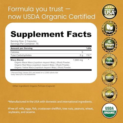 NaturaLife Labs Organic Maca Root – Black, Red & Yellow – 1900 mg per Serving – 150 Capsules – Gelatinized Peruvian Maca – Non-GMO, Gluten-Free, Vegan (2 Pack)
