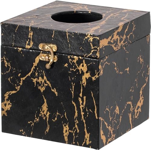 Black and Gold Marble Tissue Box Cover for Kleenex Box, Modern Elegant Tissue Box Holder with Lock for Bathroom, Bedroom, and Living Room, Square Shape Toilet Tissue Holder Organizer