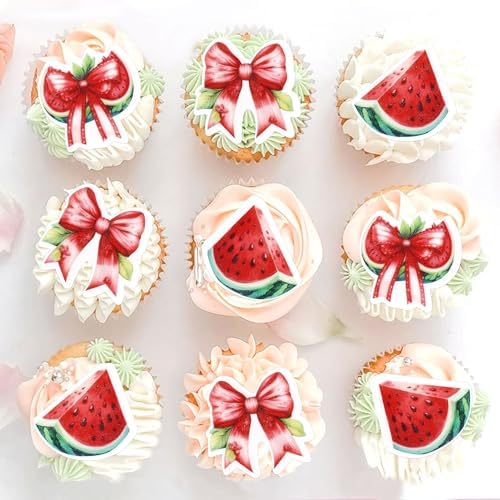 40Pcs Edible Watermelon Cupcake Toppers Cute Watermelon Bow Cupcake Picks for Summer Fruit Baby Shower Fruit Girls Birthday Wedding Anniversary Party Cake Decorations Summer Holiday Party Decors