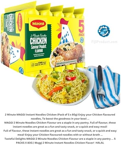 Instant 2 Minute Maggi Noodles - Chicken Flavor with Seasonings (Pack of 5 Packs / 80g Ea) To boost the goodness in your bowl ... So Delicious Meal