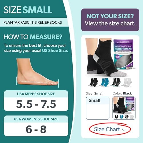 BraceAbility Plantar Fasciitis Socks - Ankle Compression Socks for Foot Pain Relief, Heel Spurs, Achilles Tendonitis, Full-Toe Arch Support Sleeve Socks for Women and Men (1 Pair - S Black)