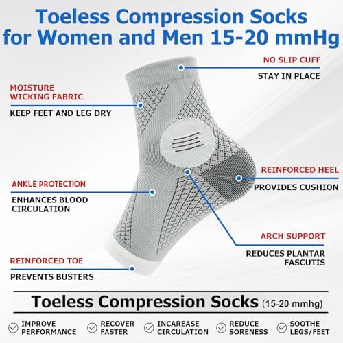 6Pairs Neuropathy Socks - Toeless Compression Socks for Women & Men, Plantar Fasciitis & Achilles Tendonitis Relief, Arch Support (Large)