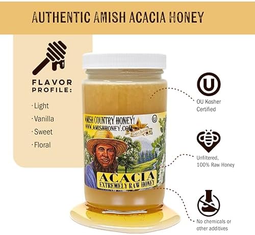 Goshen Amish Country Extremely Raw Acacia Honey - Unfiltered, Unprocessed, Pure & Natural - Harvested in the USA - Rich Flavor for Tea, Cooking, Wellbeing - Kosher Certified - 16oz Glass Jar